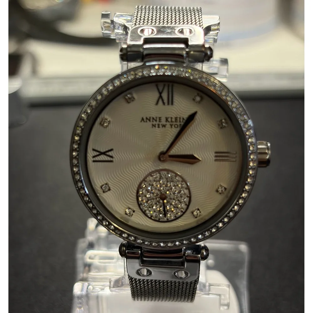 Anne Klein Mesh Bracelet Watch Womens Silver Crystal Bezel Dressy Timepiece